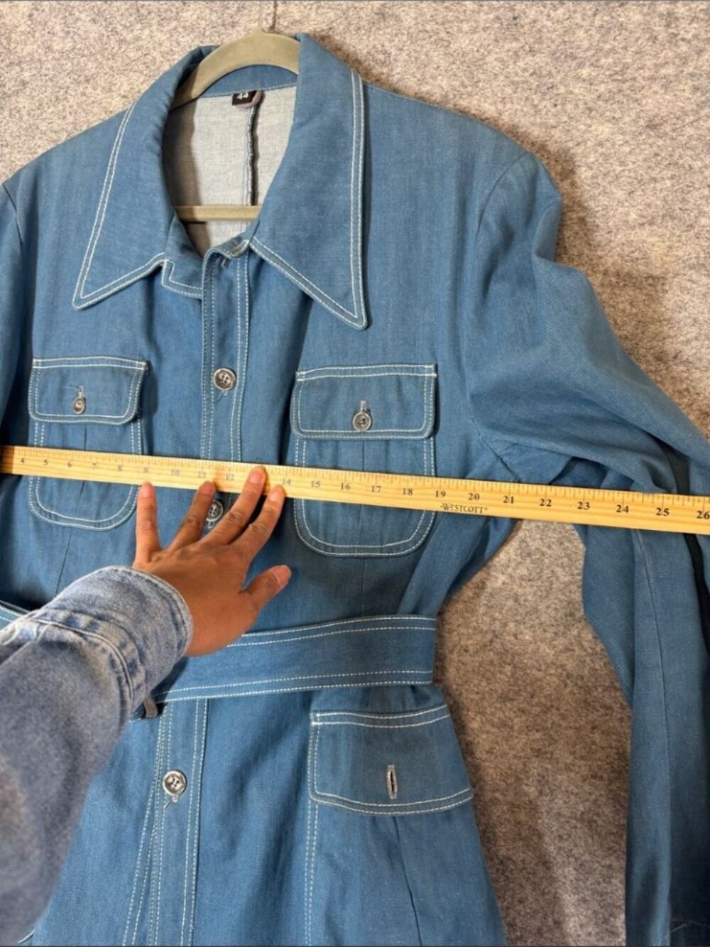 Vintage Belted Denim Jacket Blue Size 44 Mod Retro Utility Blazer Shacket Unisex - Picture 9 of 15
